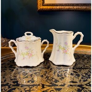 Vintage 1939 Crooksville Creamer & Sugar Bowl: Floral Porcelain with Gold Trim